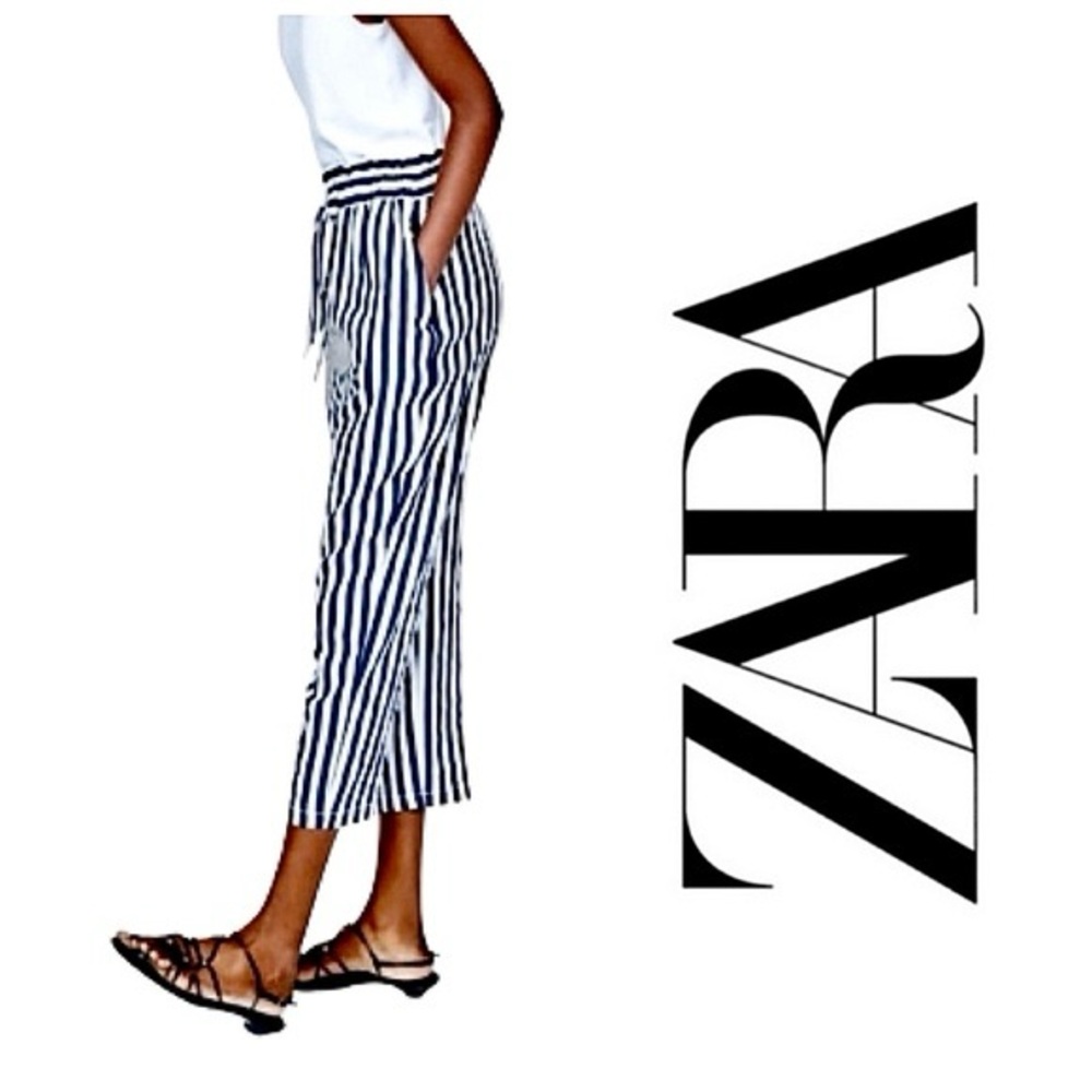 Zara stripped Paperbag pants navy and white